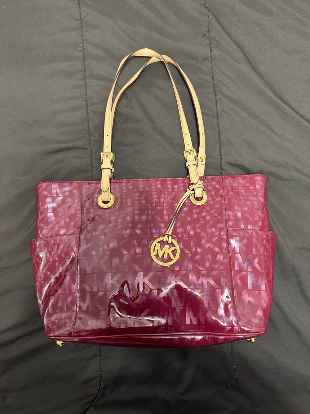 Michael Kors Patent Leather Tote Bag in Deep Burgundy with Neutral Straps